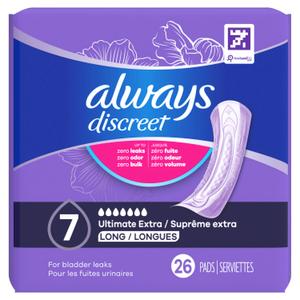 Always Discreet Incontinence Pads for Women and Postpartum Pads, Ultimate Extra Protect, 26 CT, up to 100% Bladder Leak Protection