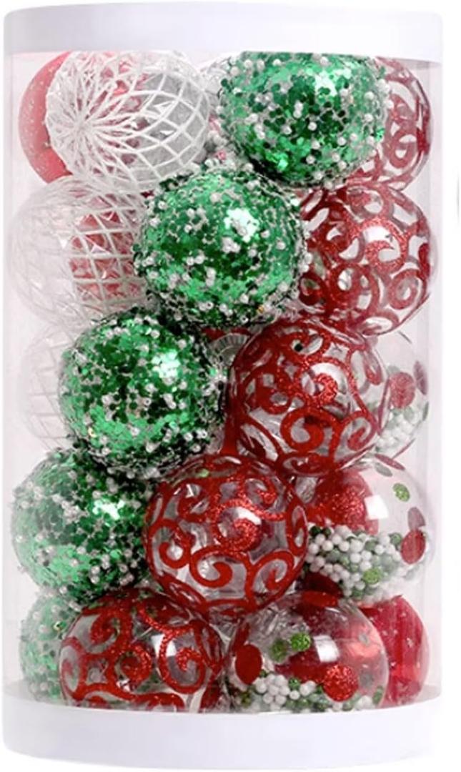 SYALEO 25pcs Christmas PET Ball Ornaments Set 60mm/2.36'' Clear Plastic Xmas Balls Bulbs 5 Style Shatterproof Painted Christmas Baubles Holiday Party (Red Green)