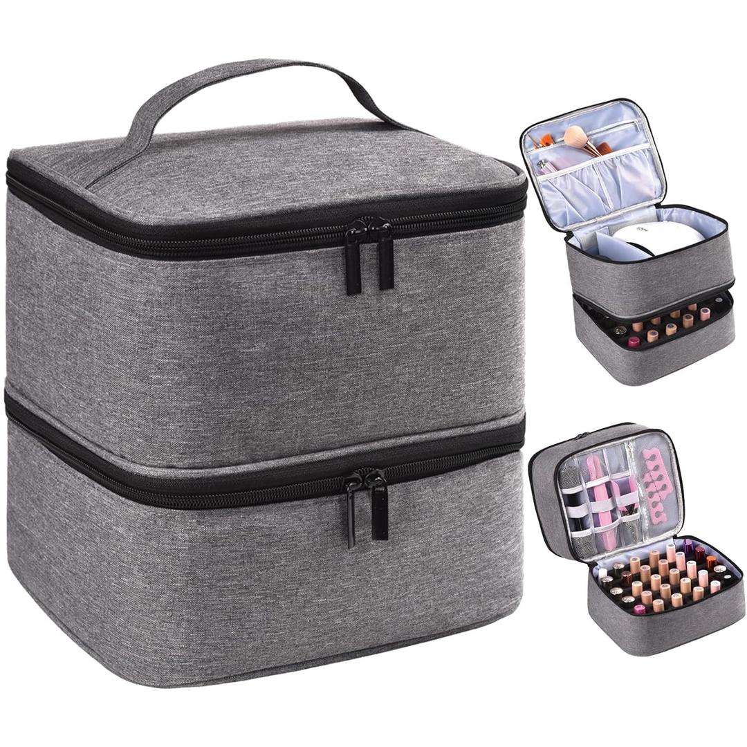 RZMAYIS Nail Polish Organizer, Nail Polish Storage Holds 30 Bottles & Nail Lamp, Double Layer Nail Bag Organizer Case, Portable Nail Polish Holder for Nail Tech Travel & Manicure Kit (Grey)