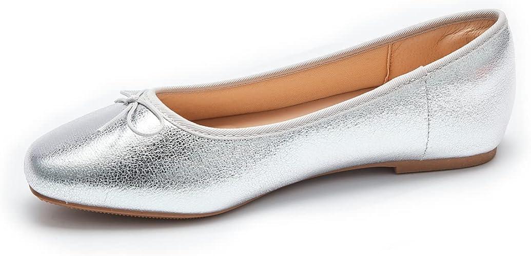 Women's Comfortable Round Toe Ballet Flats Dress Shoes, Silver, Size 9
