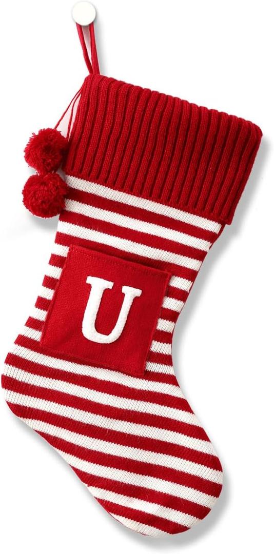 20 Inches Initial Christmas Stocking Monogram Striped Christmas Stocking red Green with White Embroidered Letter Christmas decorations-01-U-Red