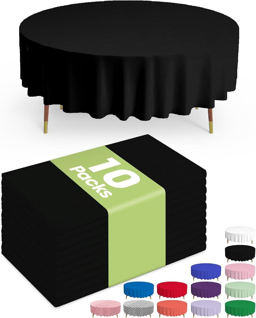 Pureegg Plastic Table Cloth Disposable - 10 Pack, Disposable Table Cloths, Graduation Decorations Class of 2025, Round Tablecloths, 84'' Black Plastic Tablecloth, Leakproof & Sturdy, Black (84" Round)
