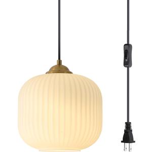 KCO Lighting Plug in Modern Globe Pendant Light Vintage Milk Glass Hanging Light Antique Brass Pendant Lights Kitchen Island Striped Glass Ceiling Light Mid Century Gold Hanging Lamp