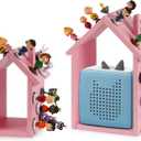 for Tonies Shelf Magnetic - for Tonies Figure Organizer Kids Room, Wooden Display Shelf for Tonies Box Holder, Wall Floating Shelves Toy Storage, House Shape Set of 2 with 38Pcs Metal Plate (Pink)