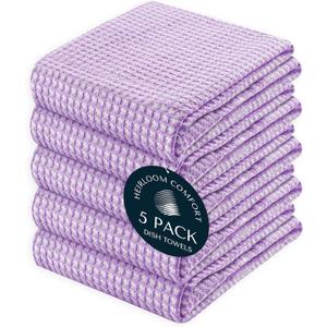 5 Pack Dual Tone Waffle Weave Kitchen Towels, 16x26 Inch, 100% Cotton, Reversible, Super Absorbent, Quick Dry, Durable Dishcloth Set, Soft Hand Towels for Cleaning, Lavender