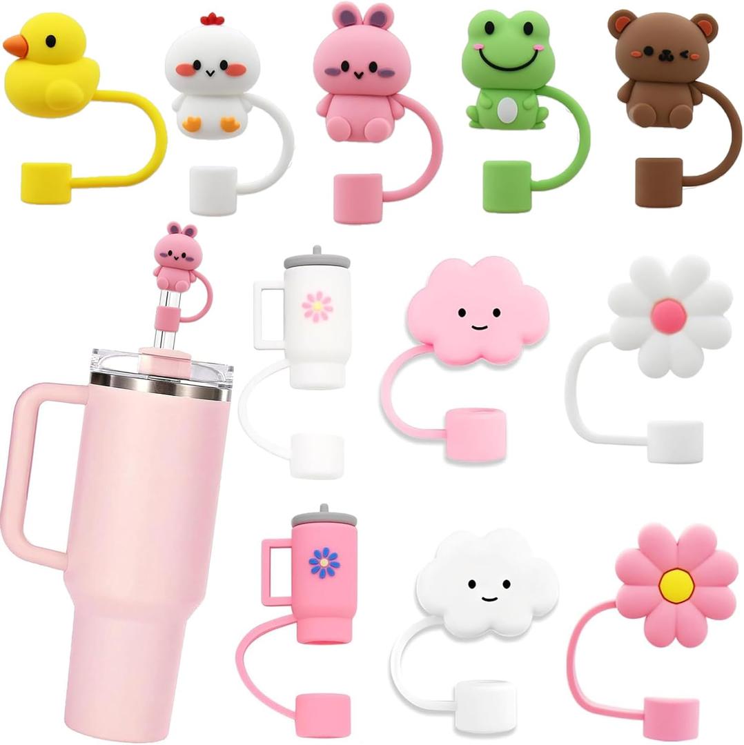 LDKEDKF 9Pcs Straw Cover for Stanley Cup, Silicone Straw Topper for Stanley Cup 30&40oz with Tumblers, 10mm 0.4in Lid Accessories (Reusable) (001-Pink,White,Yellow,Brown)