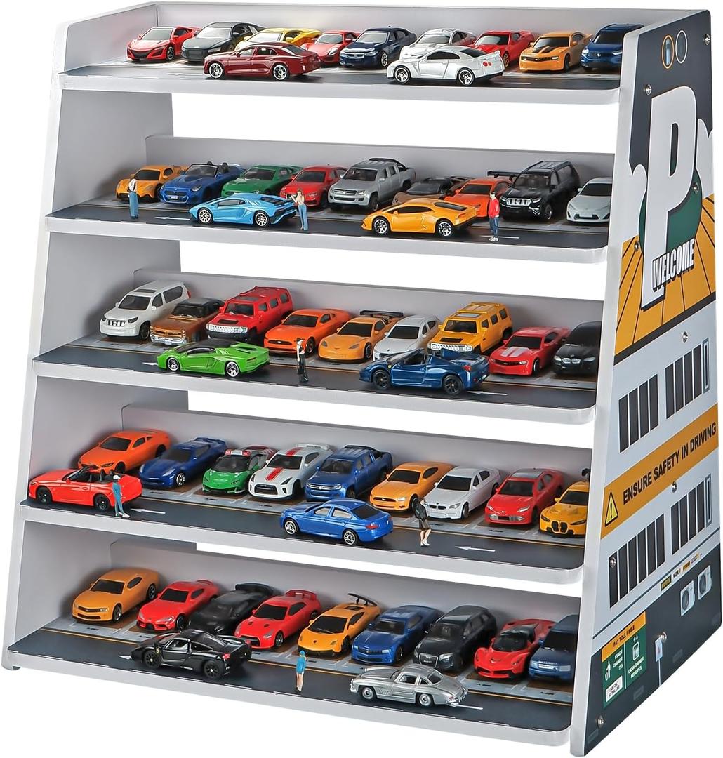 Kivmcds 1/ 64 Hot Die Cast Wheel Display Case, Five-Tier Stepped car Model Display Stand, Toy Car Storage Display Rack (Parking Lot Scene）