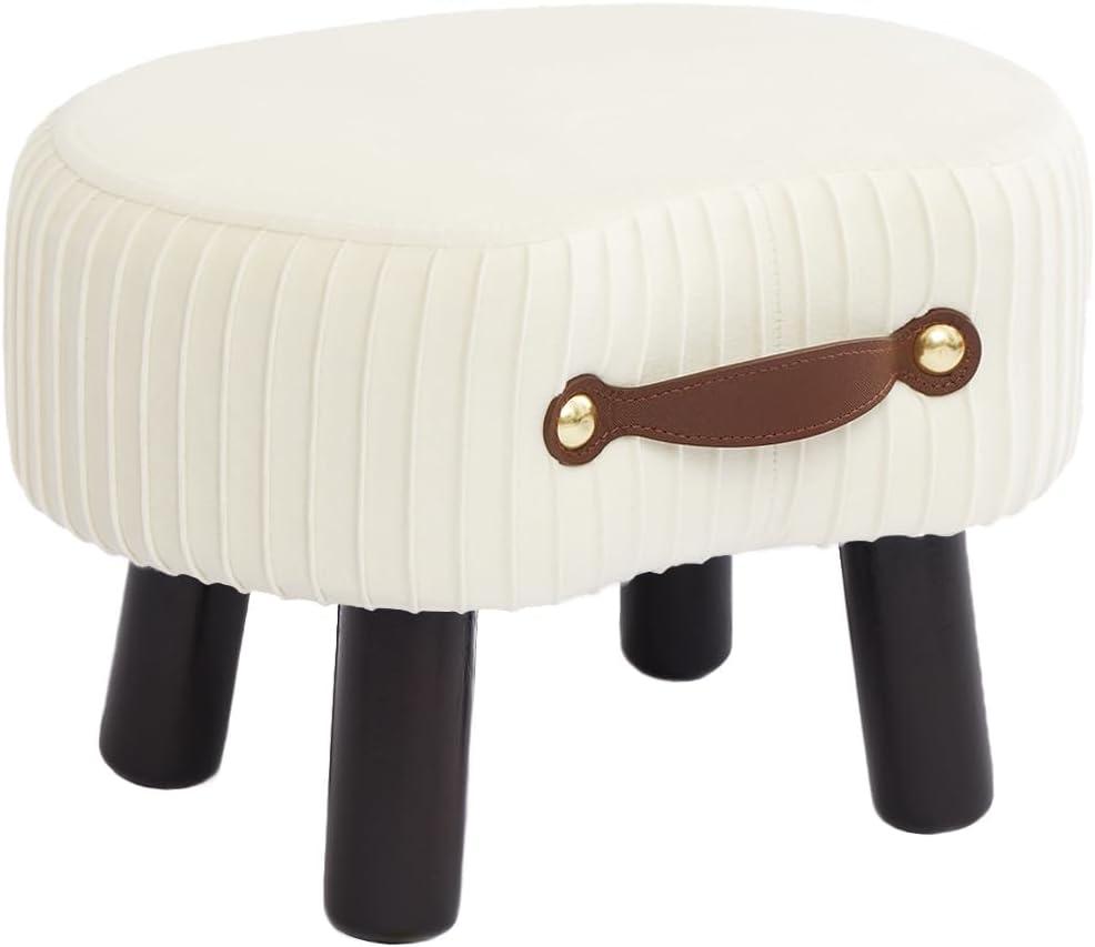 Small Footstool with Handle, Velvet Ottoman Foot Rest with Padded Seat, Curved Foot Stool with Wooden Legs, Portable Foot Rest for Living Room, Bedroom, Entryway, White