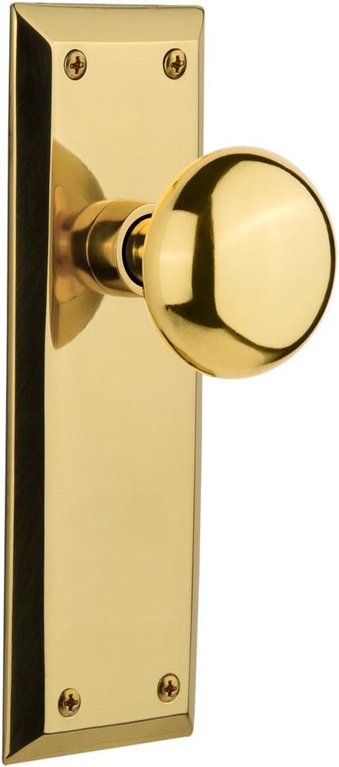 Nostalgic Warehouse New York Door Knob with Plate (PRIVACY-Backset Size:2.75 in, Unlacquered Brass)