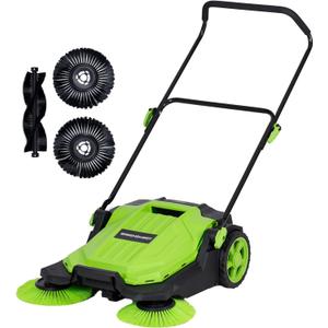 Walk Behind Manual Push Floor Sweeper - 5 Gallon Capacity - Easy Storage - Outdoor Use - Additonal Heavy Duty Brush Set