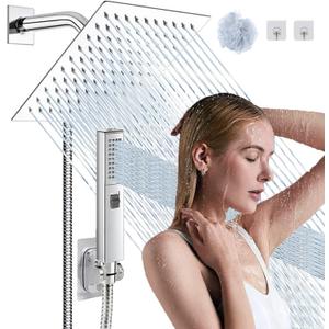 8"High Pressure Square Rain Shower Head and 2-in-1 Hand Shower.Equipped with 78"Hose, 3 Way Diverter Valve,Adhesive Shower Head Holder.(AWAXFOLO Square Shower Head Set chrome)