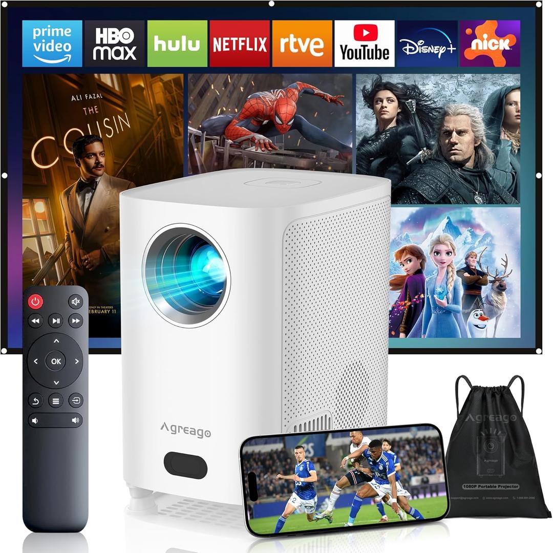 [Electric Focus]Projector with WiFi and Bluetooth, Native 1080P 15,000 Lumens 4K Supported, Agreago Outdoor Movie Projector for Home Theater UP to 300", for iOS/Android/Laptop/TV Stick/HDMI/USB (White)