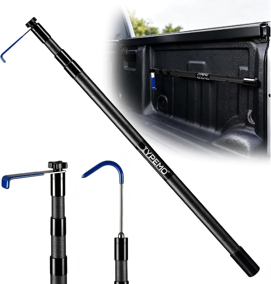 Ultra-Light 0.9 lb Fiberglass Truck Bed Cargo Grabber,Heavy-Duty Push-Pull truck bed reach tool,1-Second Twist-Lock Rigid Telescoping Pole,28"- 67.3" with 2 Hooks & Storage Clamps for Pickup Trucks