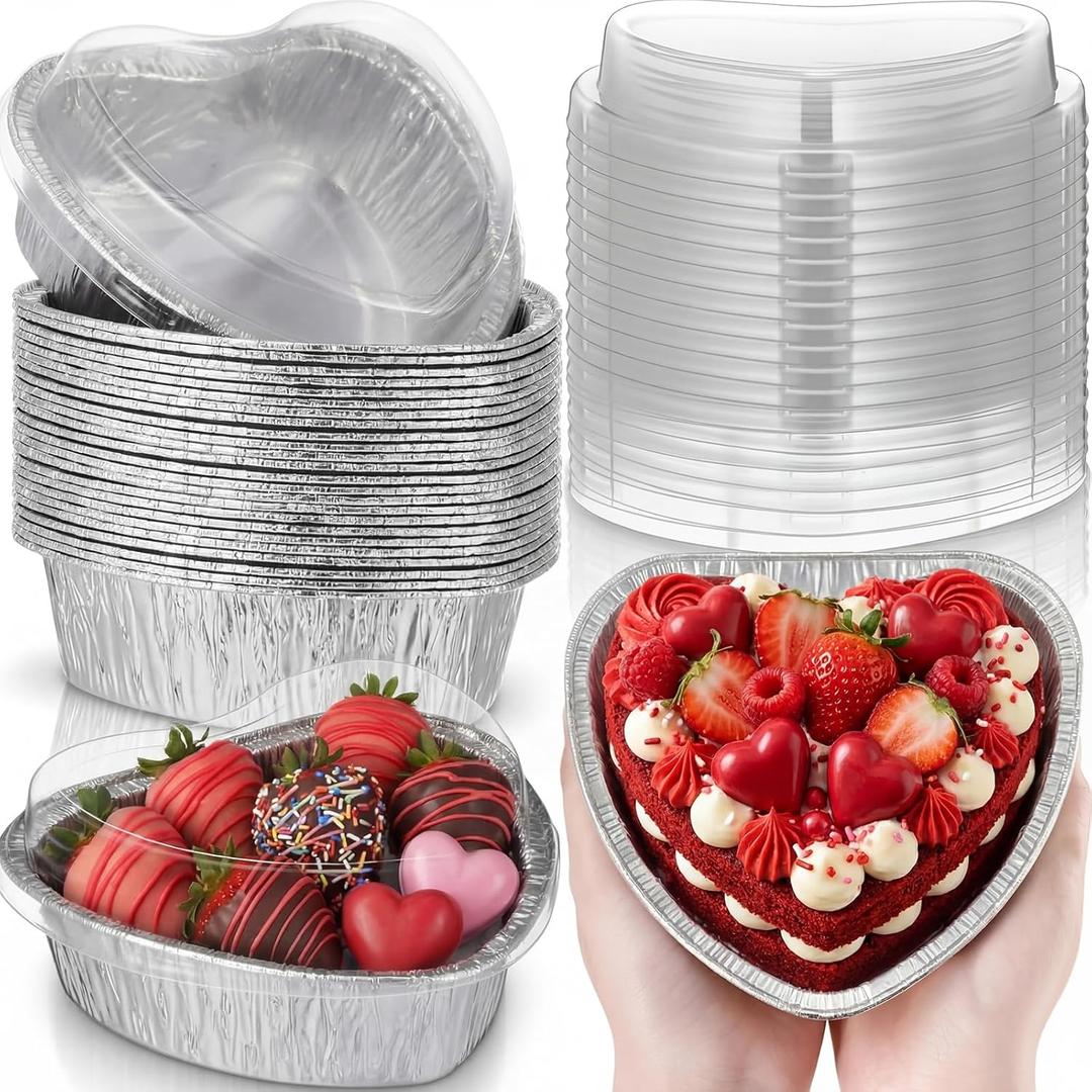 Hushee 24 Pcs 12 oz Valentine's Day Heart Shaped Cake Pan with Lid 5.5 Inch Aluminum Foil Disposable Cupcake Baking Pan Heart Food Packing Muffin Tin Liner Pudding Cooking Cup for Mother's Day