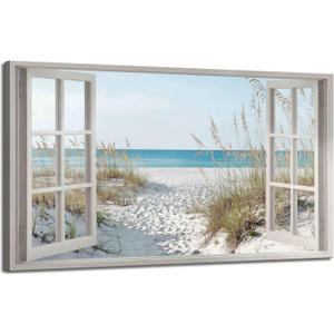 Large Window Beach Canvas Wall Art Coastal Ocean Painting Decor Pictures Modern Summer Seascape Coastal granddaughter Posters Prints for Bedroom Living Room Corridor Office Home Decoration, 48"L x 24"W