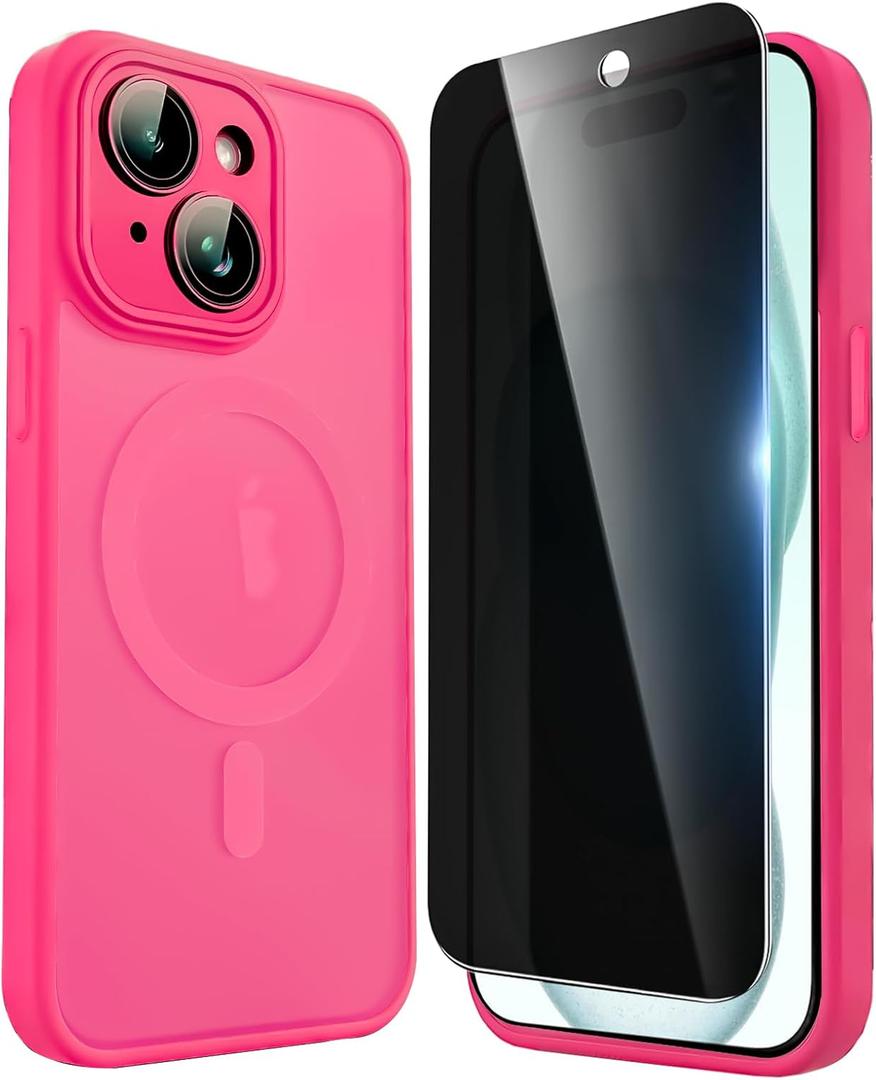 Privacy Case for iPhone 15 Plus,Magnetic iPhone 15 Plus Phone Case with Privacy Screen Protector X2 & Camera Protector [Compatible with MagSafe],Translucent Matte Shockproof Cover-Rose Red