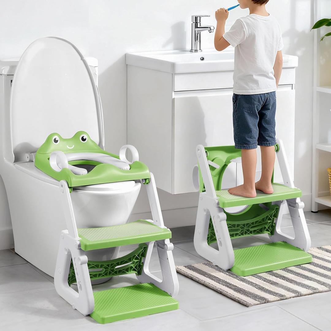 Orzbow Frog Potty Training Seat, Toddler Toilet Seat with Step Stool Ladder, 2-in-1 Potty Training Toilet Essentials for Boys Girls, Adjustable Height, Non-Slip Step and Splash Guard Design, Green