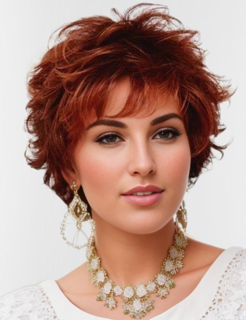 TISHINING Short Ombre Copper Pixie Cut Wigs for White Women Layered Copper Mixed Auburn Curly Wig with Bangs Natural Looking Synthetic Daily Party Wig