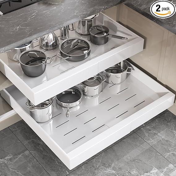 Seinloes 2 Pack Pull Out Cabinet Organizer 24" Deep,Full Extension 3 Slide Rails Slide Out Drawers With Raising Pad for Framed Cabinets,Expandable Width (15.4"-26.2"),No Drill Roll Out shelf,White