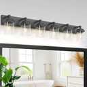 Matte Black Bathroom Light Fixtures, Modern Vanity Lights with Clear Glass Lamp Shade, Bathroom Lighting Fixtures Over Mirror, Restroom Vanity Lighting Fixture, 6-Light 46 Inch