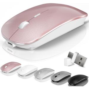 Mouse for Laptop Wireless Bluetooth - MacBook Air Mac Pro PC iPad Optical Rechargeable Silent Mouse with Jiggler Dual Mode Switch Bluetooth 5.2/3.0 and 2.4GHz USB-A and Type-C Receiver Rose Gold