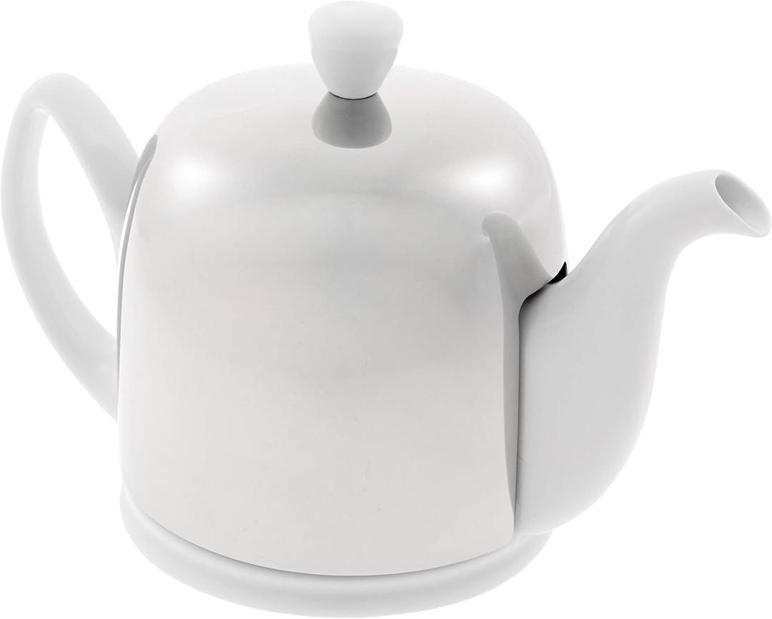 Salam Luxury French Tea Pot - Porcelain Teapot with Stainless Steel Cover, Ceramic Tea Kettle for Loose Tea, Removable Infuser, 4 Cup Capacity, 24oz - White