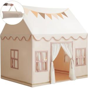 Large Kids Tent Playhouse Base Fabric with Star Lights, Flags and Tote Bags, Kids Play Tent Indoor & Outdoor, Washable Teepee Tent for Boys & Girls, Play House for Toddler, Neutral Color