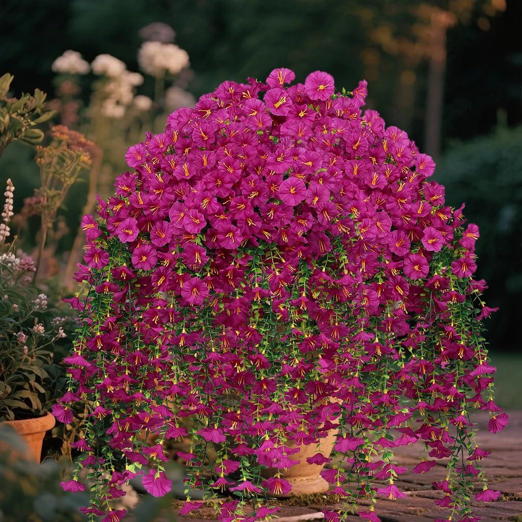 2Pcs Outdoor Faux Hanging Flowers Artificial Morning Glory with Eucalyptus Leaves UV Resistant Look Real Fake Plants for Outside Planter Porch Patio Balcony Yard Decor (Fuchsia)