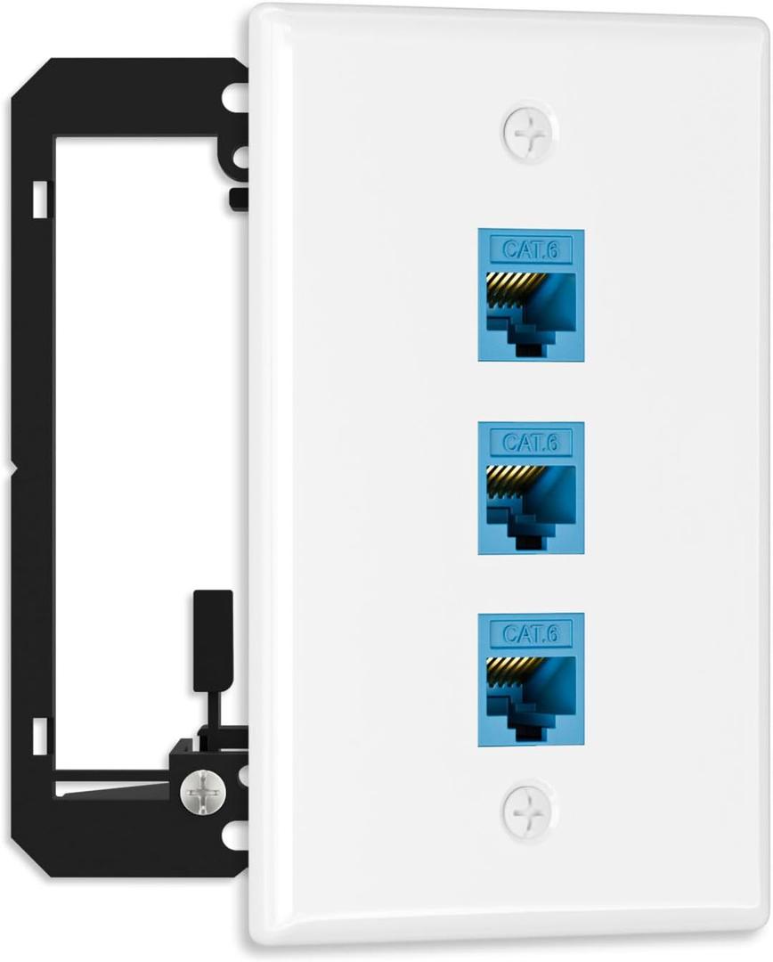 FGB 10Gbps Ethernet Wall Plate, 3 Port CAT6 Wall Plate and Jack, RJ45 Ethernet Wall Outlet with Single Gang Low Voltage Mounting Bracket