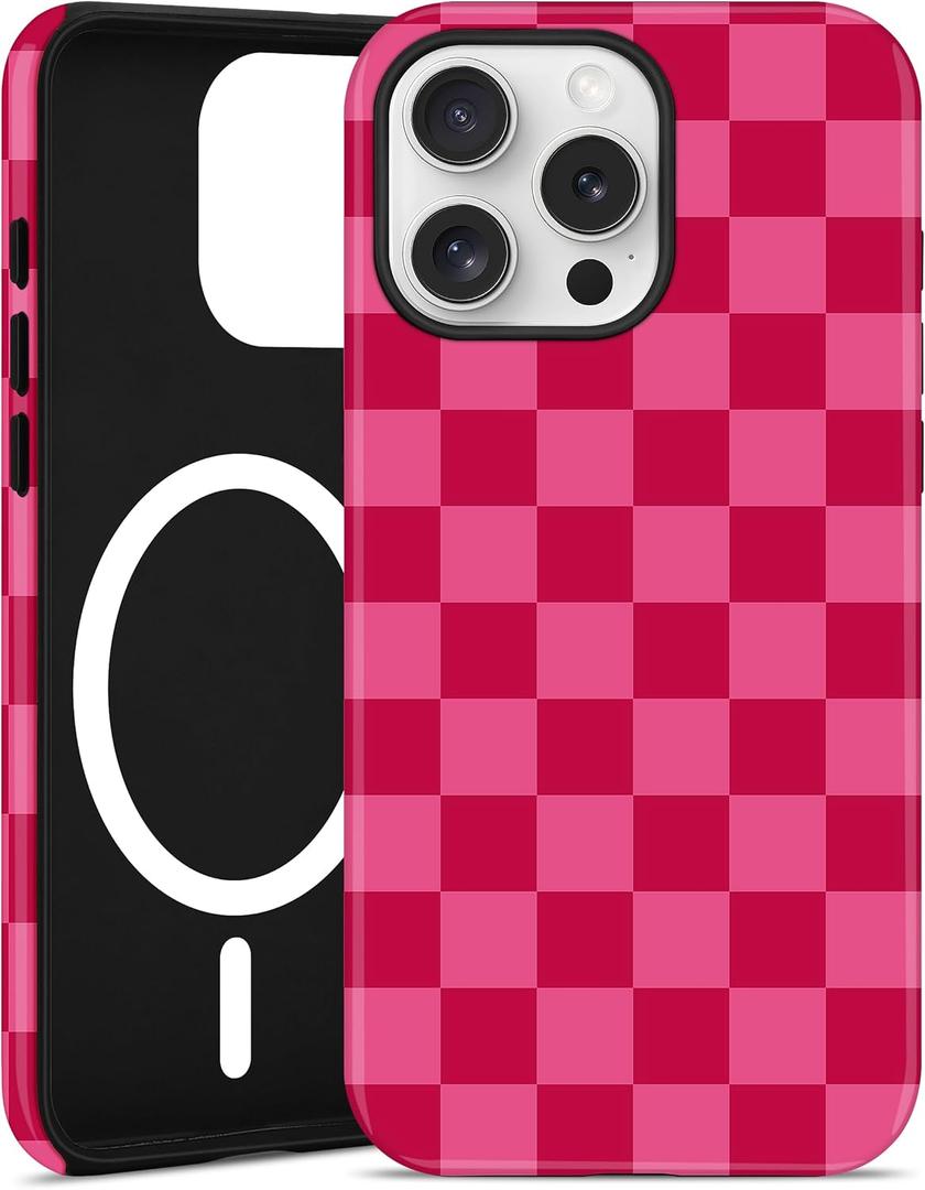 Jusy Compatible with MagSafe Checkerboard Phone Case for iPhone 13 Pro, Cute Aesthetic Checkered Magnetic Soft TPU & Hard PC Protective Phone Cover for Women GirlsMatte - Hot Pink