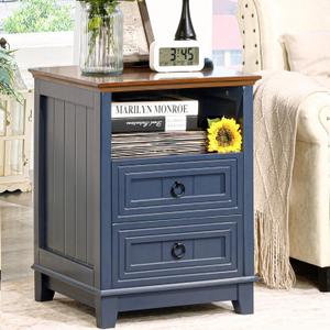 18" Farmhouse Night Stand with Charging Station, 2 Drawers End Table Dresser for Bedroom, Blue Wooden Nightstand, Bed Side Table with Open Shelf, Bedside Cabinet for Living Room, Closet