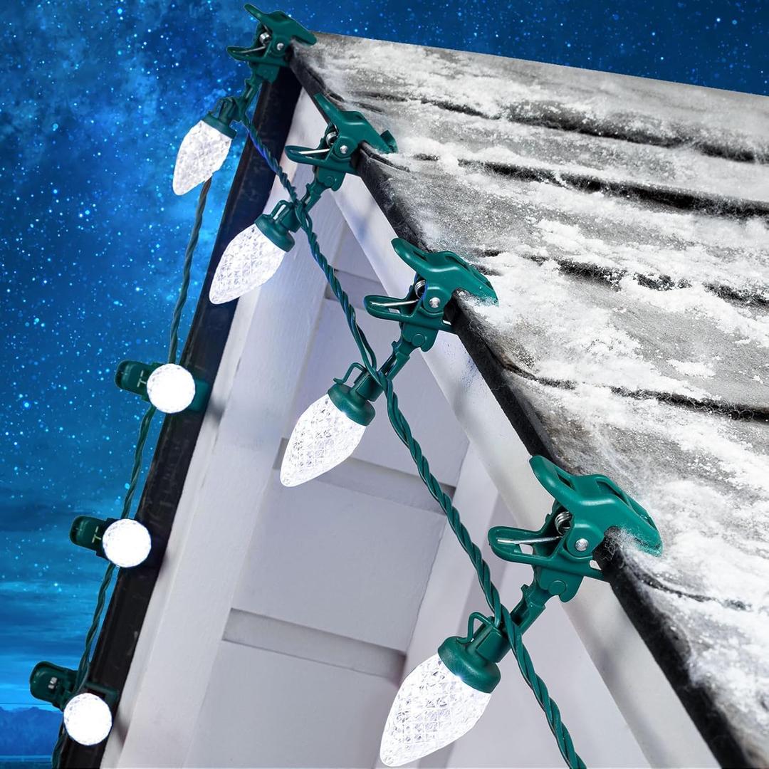 C9 Christmas Lights Outdoor with 100 Spring Clips 65FT 100 LED, C9 String Lights Waterproof Connectable Commercial Grade for Outside House Roof Patio Garden Yard Outdoor Christmas Decorations, White