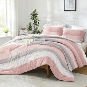 Litanika Pink Comforter Set Queen, 3 Pieces Blush White Colorblock Lightweight Bedding Comforter Set