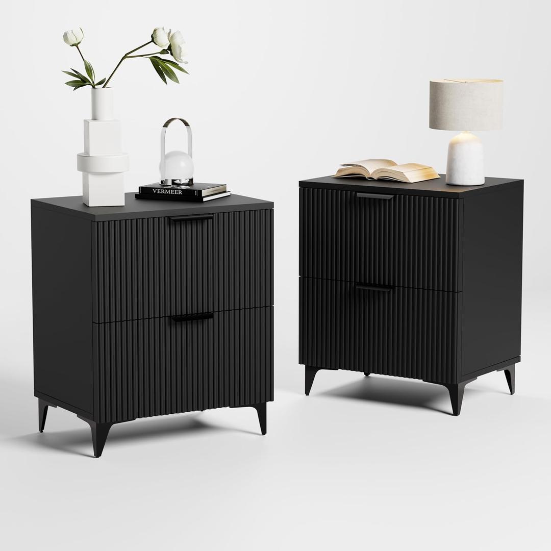 Royal Windsor Small Night Stand Set of 2, Fluted Nightstand with 2 Drawers, Side End Table with Storage, Modern Night Stand Bedside Table Suitable for Small Indoor Rooms, Black