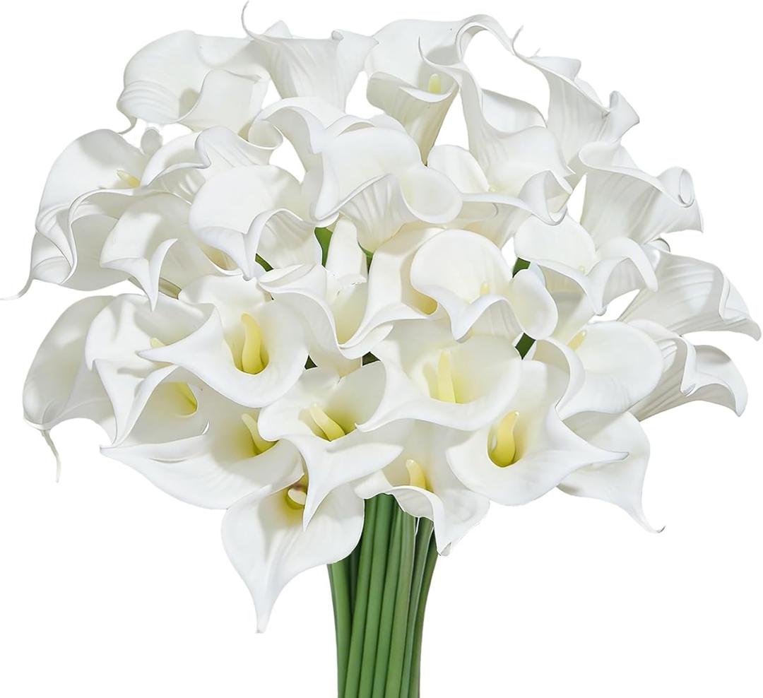 Heleze 30 PCS Artificial Calla Lily Flowers Bouquet Faux Branches for Vase Fake Flower 13.5" Real Touch for DIY Mother's Day Wedding Party Decoration Pure White