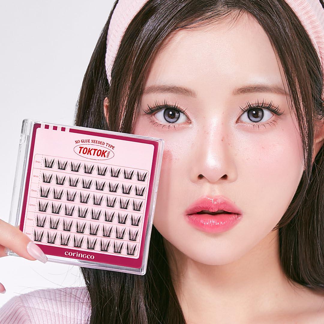 CORINGCO Toktok Hara Light Self Adhesive False Eyelashes, Natural Look, No Glue Needed, Assorted Set of 9/10/11mm, Reusable Lash Clusters Kbeauty - Bunny