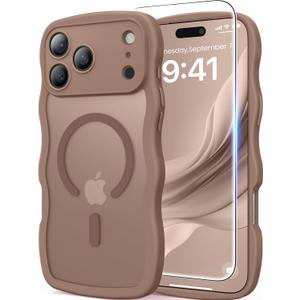 Magnetic for iPhone 17 Pro Max Case, Cute Wavy [Full Camera Protection] [Fit for MagSafe], 1X Screen Protector+1X Wrist Strap, Trendy Matte Women Girly Phone Case for iPhone 17 Pro Max 6.9", Brown