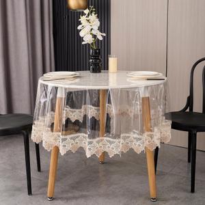 LIBERECOO Clear Tablecloth Protector, 0.15mm Heavy Duty Waterproof Vinyl Table Cover with Elegant Lace Trim, Crystal Clear Oilproof Wipeable Reusable 90 Inch Round Tablecloths for Dining Table