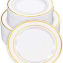 Zcaukya 100PCS Gold Plastic Plates, Disposable Plastic Dishes with Gold Rim in Bulk, 50 Pcs Each 10.25 Inch and 7.5 Inch for Dinner, Birthday and Wedding