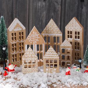 7 Pcs Christmas Village Houses Wooden Christmas Village Set Gingerbread House Decor Wood Ginger Bread Decor Winter Desk Shelf Ornament for Home Office Coffee Bar Tabletop(Gingerbread Colors)