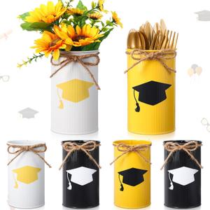 Domensi 6 Pcs 2026 Graduation Table Centerpieces Vases Decor Class of 2026 Graduation Cap Hat Galvanized Metal Vase for Flowers Mason Jar Utensil Holder or Kitchen Home Congrats Grad Party Decorations