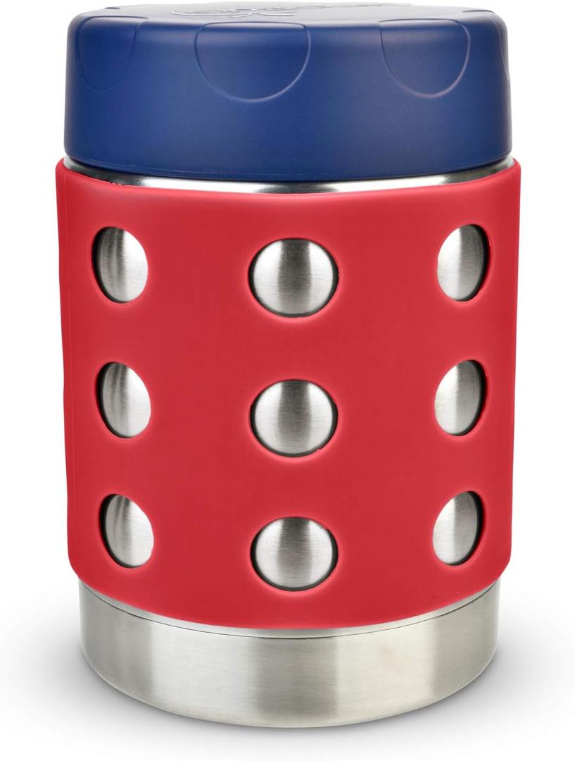 LunchBots Thermal 12 oz Triple Insulated Thermos - Hot 6 Hours or Cold 12 Hours - Leak Proof Thermos Soup Jar - All Stainless Interior - Navy Lid - Red Dots (12 Ounces, Red-Navy)