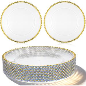 13" Acrylic Clear Charger Plates 10Pcs Elegant Gold Beaded Charger Plates Table Plate Chargers Decor for Wedding Reception, Holiday Party, Family Gathering & Daily Table Setting