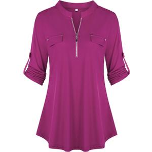 Ninedaily Women's 3/4 Sleeve Plaid Shirts Zip Floral Casual Tunic Blouse Tops M