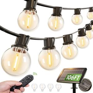 addlon 106FT(100+6) Solar String Lights with Remote, 54 Shatterproof G40 Bulbs, Commercial Grade Solar Powered Outdoor Light, Dimmable Waterproof Solar Lighting Outdoor for Garden Backyard Party Decor