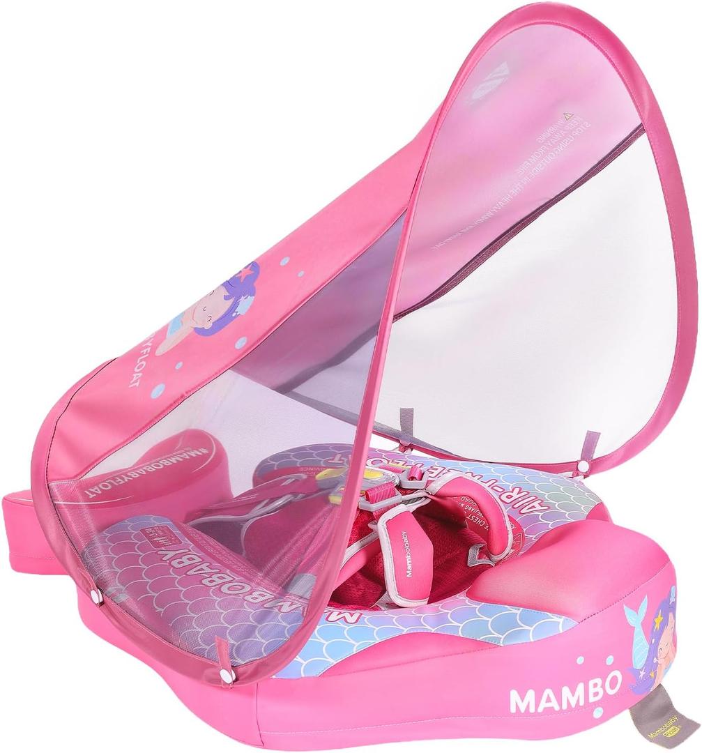 Mambobaby Baby Pool Float with Canopy, Non-Inflatable Infant Swim Float with Safe Seat and Tail Support for 3-24 Months, UPF 50+ Sun Protection, Large
