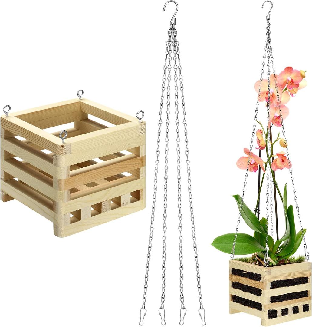Bucherry Wooden Hanger Orchid Basket 6 Inches with Hangers Rustic Wood Hanging Orchid Planter Square Basket for Indoor or Outdoor Flower Planter with 20 Inches Hanger Chain(1 Set,6 Inch)