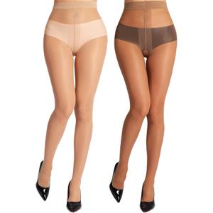 MERYLURE Sheer Black Tights for Women T-Crotch 20D Ultra Thin Pantyhose High Waist Stockings Reinforced Toes 2 Pairs (Beige, L)