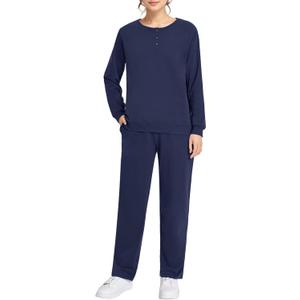 Weintee Women's Petite Sweatsuits Button Down Sweatshirt and Sweatpants Sets Cotton Jogging Suits (Navy), M