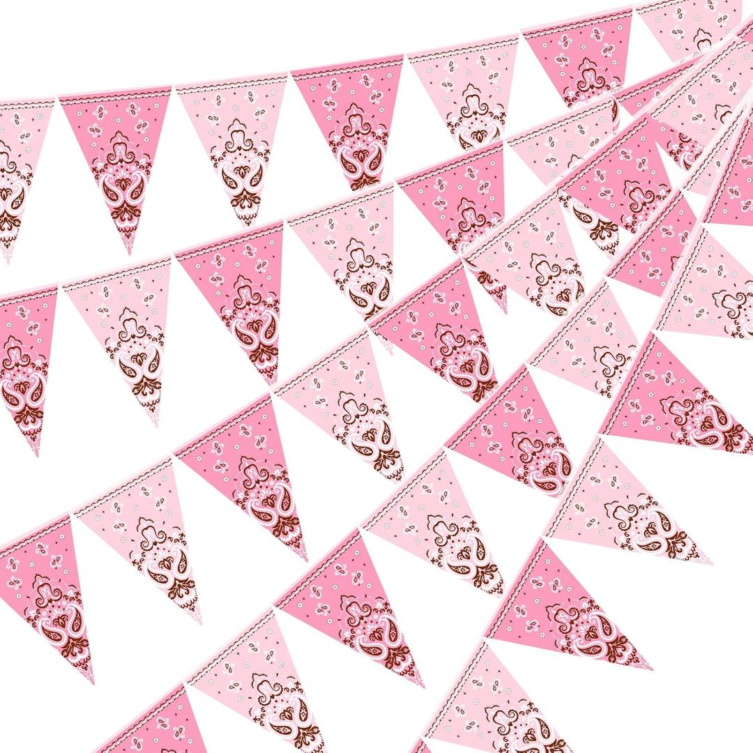 Geyoga 5 Packs 50 ft Western Cowgirl Party Decorations Bandana Pennant Banner Pink Western Triangle Flag Banner Cowgirl Hanging Party Decorations for Yee Haw Country Last Rodeo Birthday Supplies